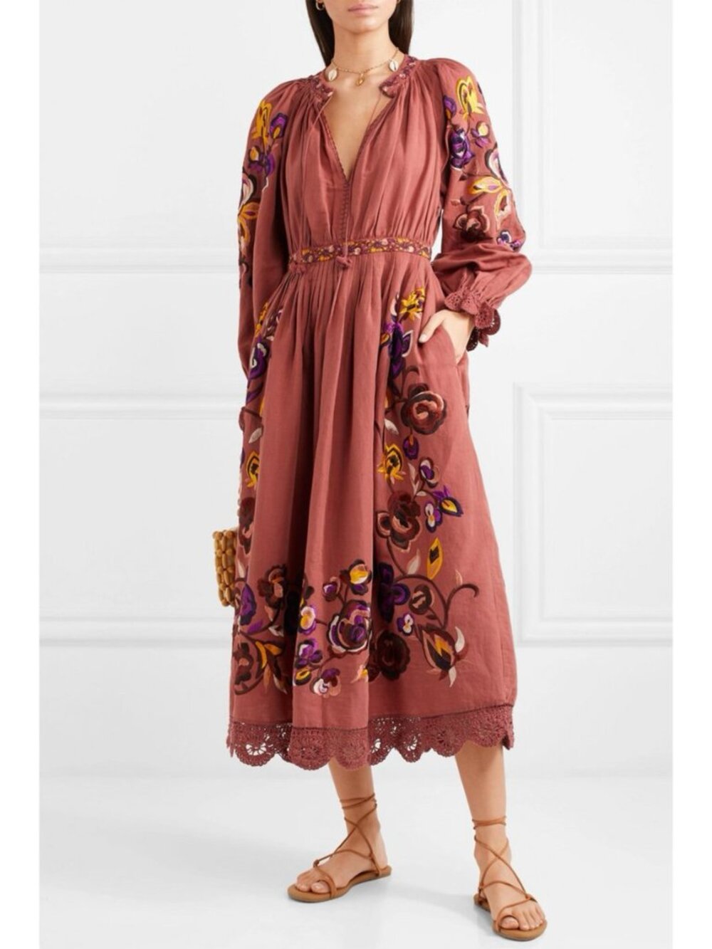 Ulla Johnson Miro Floral Embroidered Midi Dress in Marsala